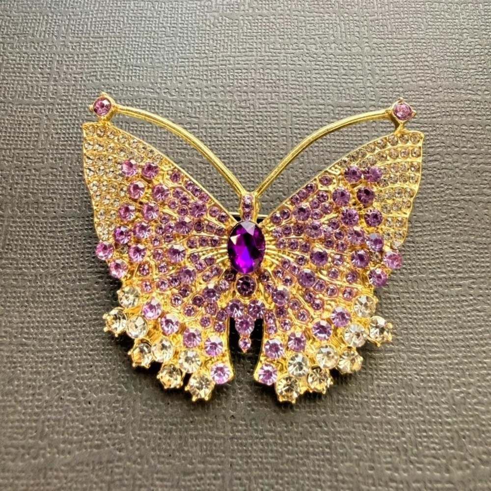 Purple Rhinestone Butterfly Brooch Gold Tone Clear Crystal Statement Jewelry Pin